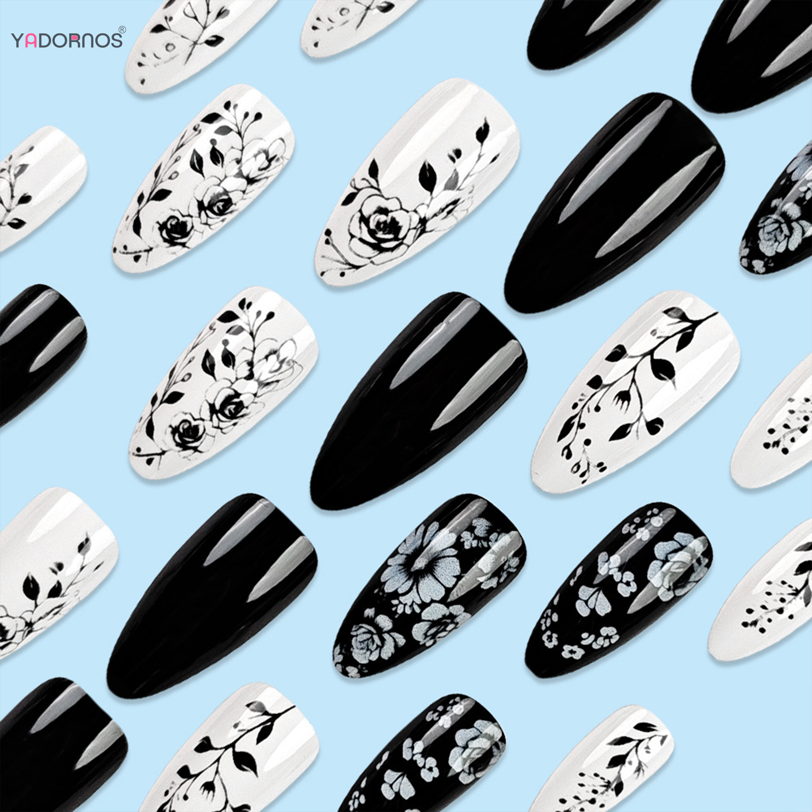 24Pcs Almond Fake Nails Black/ - Pressed Flower Art review and price
