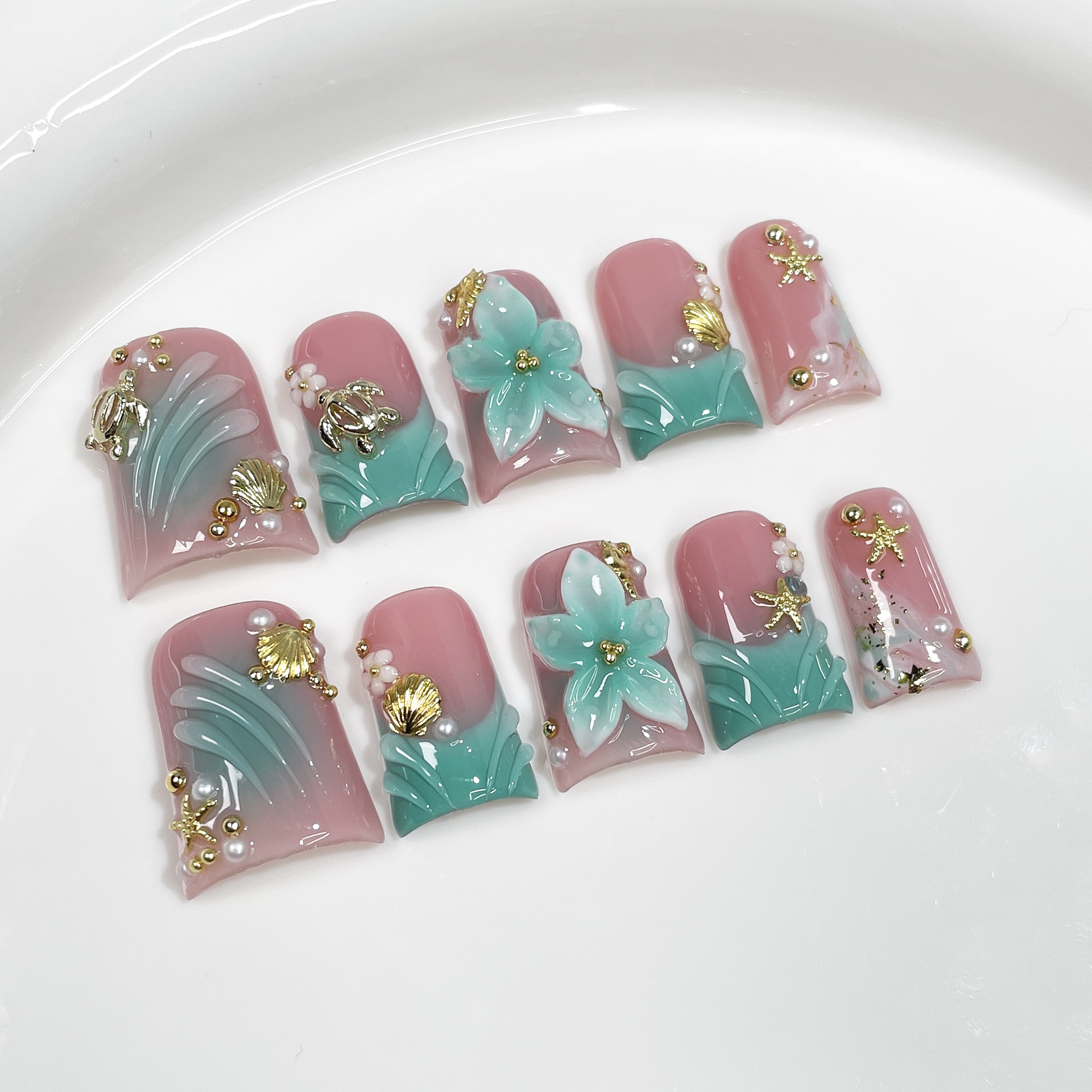 10pcs Ocean Style Fake Nails D - Pressed Flower Art review and price