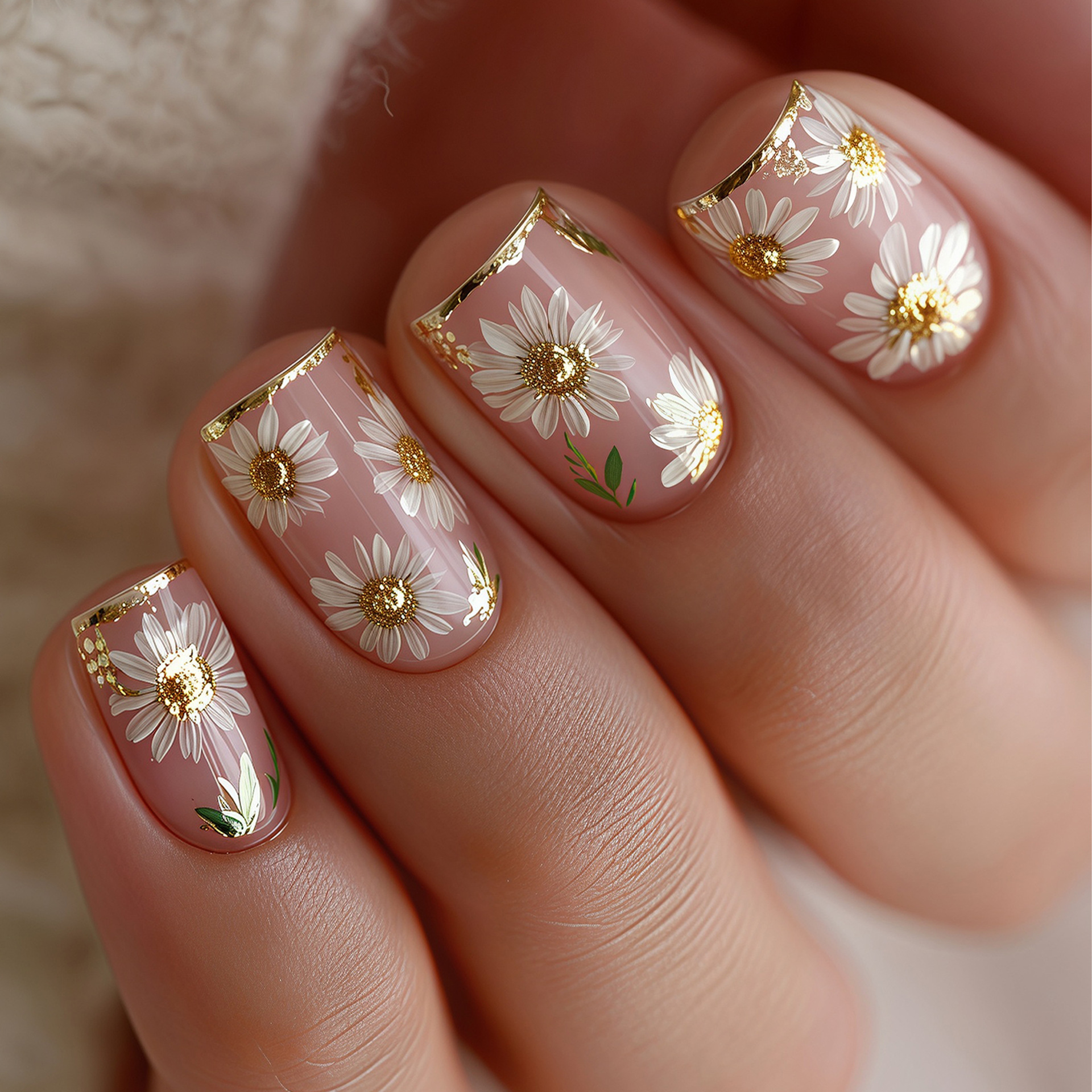Short Square fake nails golden - Pressed Flower Art review and price