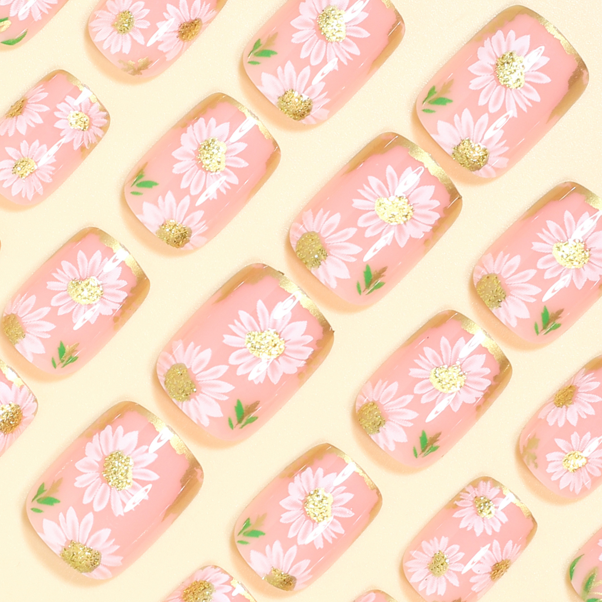 Short Square fake nails golden - Pressed Flower Art review and price